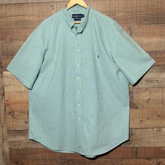 Ralph Lauren Green White Blue Two-Ply Cotton Button Down Men's 2XLT Shirt S/S - Picture 1 of 9